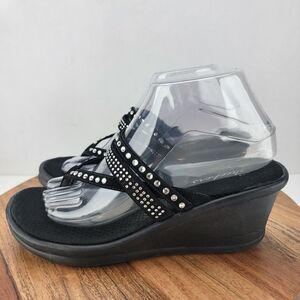 Skechers Womens Size 9 Black Cali Rumblers Memory Thong Wedge Sandals